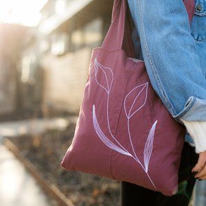 Handmade Upcycled Red Khaki Tote Bag with Hand Embroidery Design